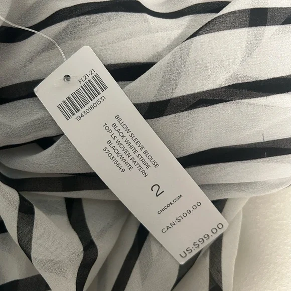 Chico’s Billow Sleeve Blouse Top Sheer Black White Stripe Women’s 12/14 2 - Picture 4 of 9